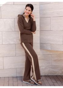 Damen Kapuzensweatshirt mit Kontrast-Streifen in schoko-beige ,Gr&ouml;&szlig;e 44, WITT, 50% Baumwolle, 50% Polyester
