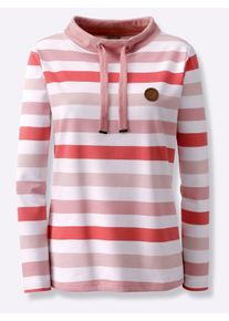 Damen Sweatshirt mit halsfernem Stehkragen in puder-rosenquarz-geringelt ,Gr&ouml;&szlig;e 46, WITT, 100% Baumwolle
