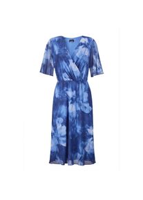 GOLDNER Sommerkleid &raquo;Kurzgr&ouml;&szlig;e Wickelkleid mit Bl&uuml;tenprint in Blau, tailliert&laquo; Wickeloptik blau, Gr&ouml;&szlig;e 20