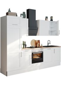 K&uuml;che Optifit "Ahus", wei&szlig; (k&uuml;che: wei&szlig;, front: wei&szlig; matt, korpus: wei&szlig;, arbeitsplatte: eichefarben struktur), B:280cm H:211,8cm T:60cm, Komplettk&uuml;chen-Sets, K&uuml;che, 280 cm breit,wahlweise mit E-Ger&auml;ten,MDF Fronten, Soft Close Funktion