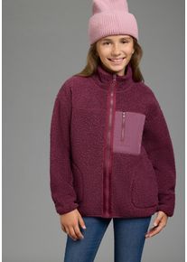 Sweatjacke Kangaroos "Fleecejacke, Kuschel-Jacke mit reflektierendem Badge", M&auml;dchen, Gr. 140/146, rot (bordeaux), Pl&uuml;sch, Obermaterial: 100% Polyester, unifarben, l&auml;ssig geschnitten h&uuml;ftbedeckend, eingefasste Kante, Sweatjacken Sweatjacke, Weicher Teddypl&uuml;sch