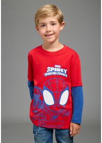 Langarmshirt Kidsworld "SPIDEY Lagen-Shirt, Disney", Jungen, Gr. 128/134, rot, Single Jersey, Obermaterial: 100% Baumwolle, bedruckt, Basic h&uuml;ftlang, Rundhals, Lagenoptik, Shirts Langarmshirt, H&uuml;ftlange Basic-Passform, Langarm, modischer Stil, mit Lagenoptik