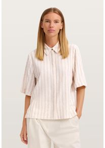 Kurzarmbluse Bugatti, Damen, Gr. 46, beige (30, beige), Sweatware, 78% Viskose, 9% Polyester, 7% Leinen, 6% Baumwolle, gestreift, normal, ohne Ausschnitt, Blusen Kurzarmbluse, gestreift mit Hemdkragen