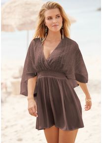 Tunikakleid Lascana "mit weiten &Auml;rmeln, Oberteil aus Spitze, aus leichtem Viskose-Crepe", Damen, Gr. 36, N-Gr, braun (dunkelbraun), Web, Obermaterial: 100% Viskose. Oberteil: 100% Polyamid. Unterteil: 100% Viskose, unifarben, figurumspielend kurz, V-Ausschnitt, Volant, Kleider Tunikakleid, Beachkleid, luftiges Strandkleid, Minikleid, Boho-Kleid, Festival
