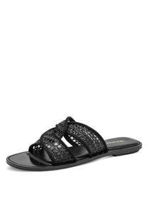 Pantolette Tamaris, Damen, Gr. 39, schwarz, Lederimitat, Textil, Minimalmuster, Strukturmuster, Schuhe Pantolette, Sommerschuh, Schl&uuml;pfschuh, Flat mit Baststickerei