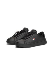 Plateausneaker Tommy Jeans "TJW LOGO SNEAKER", Damen, Gr. 36, schwarz, Leder, unifarben, Basic, Schuhe Plateausneaker, Schn&uuml;rer, Freizeitschuh, Halbschuh mit Label Flagge