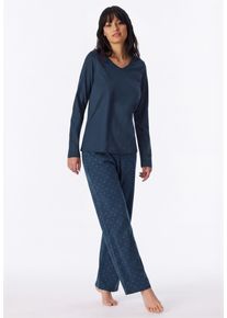 Schlafanzug Schiesser "Casual Essentials", Damen, Gr. 50, blau (860, blau), Single Jersey, Obermaterial: 100% Baumwolle, bequem lang, V-Ausschnitt, Homewear-Sets Schlafanzug, Baumwolle, V-Ausschnitt, lang&auml;rmelig