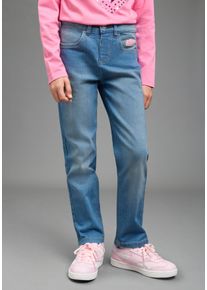Schlupfjeans Scout "Stretchjeans mit Herztaschen - NEU von Scout", M&auml;dchen, Gr. 116, N-Gr, blau used, Denim/Jeans, Obermaterial: 98% Baumwolle, 2% Elasthan, Abriebeffekte, gerade lang, Jeans Schlupfjeans, Jeans mit geradem Beinverlauf, normale Leibh&ouml;he, mit Gummizug