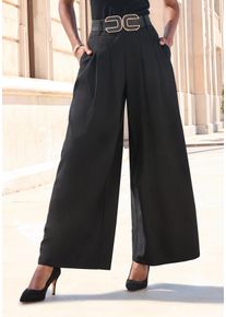 Hosenrock Lascana "mit weitem Bein und Bundfalten, elastischer Bund", Damen, Gr. 34, schwarz, Web, Obermaterial: 80% Polyester, 18% Viskose, 2% Elasthan. Taschenbeutel: 100% Polyester, unifarben, figurumspielend bodenlang, R&ouml;cke Hosenrock, mit G&uuml;rtelschlaufen, weite Anzughose, Stoffhose, Business chic, Topseller