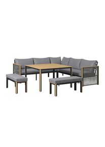 Ambia Garden Dining-Loungeset, Anthrazit, Grau, Teakfarben, Holz, Metall, Textil, 6-teilig, Akazie, massiv, F&uuml;llung: Faserb&auml;llchen, Vlies,Baumwollf&uuml;llung, Vlies, Eckteil, L-Form, 230x230 cm, Gartenm&ouml;bel, Gartengarnituren, Gartenm&ouml;bel-Sets