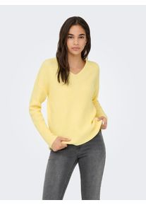 V-Ausschnitt-Pullover Only "ONLCAMILLA V-NECK L/S PULLOVER KNT NOOS", Damen, Gr. L, gelb (mellow gelb detail:melange), Strick, Obermaterial: 74% Polyacryl, 24% Polyester, 2% Elasthan, meliert, regular fit normal, V-Ausschnitt, Strickb&uuml;ndchen, Pullover V-Ausschnitt-Pullover, Materialmix, regular fit