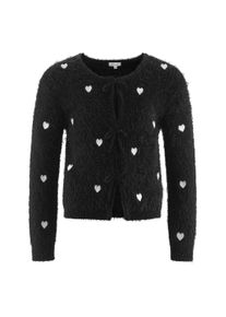 Strickjacke happy girls, M&auml;dchen, Gr. 164, schwarz, Strick, Obermaterial: 62% Nylon, 38% Polyacryl, gemustert, normal, Rundhals, Strickjacken Strickjacke, Materialmix, mit Herzchen Druck