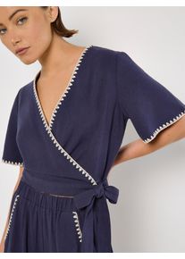 Wickelbluse Apricot "Wickeltop aus Leinenmischung", Damen, Gr. XS (34), blau (navy), Obermaterial: 82% Viskose CV. 18% Leinen LI., unifarben, Blusen Wickelbluse, mit besticktem Saum