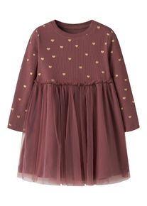 T&uuml;llkleid name it "NMFNADJA LS DRESS NOOS", M&auml;dchen, Gr. 110, N-Gr, rosa (wild ginger), Jersey, Obermaterial: 95% Baumwolle, 5% Elasthan, bedruckt, regular fit Midi, Rundhals, Kleider T&uuml;llkleid