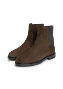 Chelseaboots Tommy Hilfiger "ENAMEL FLAG SUEDE ANKLE CHELSEA", Damen, Gr. 39, braun (dunkelbraun), Elastischer Einsatz, Veloursleder, Schuhe Chelseaboots, Blockabsatz, Businessboots mit breitem Stretcheinsatz
