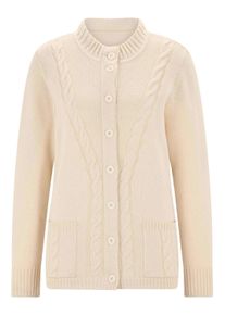Strickjacke GOLDNER "Kurzgr&ouml;&szlig;e Cardigan mit Zopfmuster", Damen, Gr. 24, wei&szlig; (cremewei&szlig;), Obermaterial: 70% Polyacryl PAN. 30% Schurwolle WV., figurumspielend, Rippb&uuml;ndchen, Strickjacken Strickjacke, Zopfmuster im Vorderteilund aufgesetzte Taschen