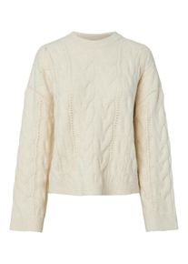 Strickpullover Pieces "PCKATHY LS O-NECK CABLE KNIT NOOS BC", Damen, Gr. XL, beige (birch detail:melange), Strick, Obermaterial: 98% Polyester, 2% Elasthan, meliert, normal, Rundhals, Pullover Strickpullover, Materialmix, Zopfstrickmuster