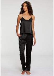 Pyjama Lascana, Damen, Gr. 46, schwarz, Satin, Obermaterial: 96% Polyester, 4% Elasthan, gl&auml;nzend, unifarben, gerade h&uuml;ftlang, tiefer V-Ausschnitt, Homewear-Sets Pyjama, mit seitlichen B&auml;ndern zum Verschlie&szlig;en