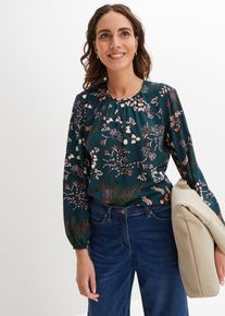Druckbluse bonprix "Bluse aus nachhaltiger Viskose", Damen, Gr. 44, gr&uuml;n (tiefgr&uuml;n gebl&uuml;mt), Web, Obermaterial: 100% Viskose, bedruckt, figurumspielend h&uuml;ftbedeckend, Rundhals, mit Gummizug, Blusen Druckbluse, bequeme Passform, aus Viskose, Schlitz mit Knopfverschluss im R&uuml;cken