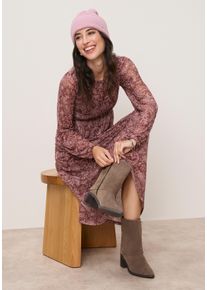 Midikleid Tamaris "mit figurschmeichelnder Passform", Damen, Gr. 40/42, N-Gr, braun (braun, rosa gemustert), Mesh, Jersey, Obermaterial: 95% Polyester, 5% Elasthan. Futter: 100% Polyester, Paisley, gemustert, festlich, figurbetont wadenlang, Rundhals, Kleider Midikleid, mit Cut-Out Ausschnitt und modernem Muster