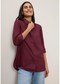 Hemdbluse TAMARIS "mit lockerem Schnitt, aus flie&szlig;ender Viskose-Qualit&auml;t", Damen, Gr. 44, rot (bordeaux), Web, Obermaterial: 100% Viskose, unifarben, figurumspielend Po-bedeckend, Manschette, Blusen Hemdbluse, im Oversize-Look mit Tasche