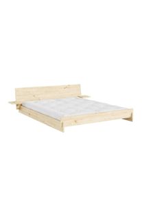 Bettgestell Karup Design "Latch Bed mit Kopfteil, FSC-zertifiziertes Massivholz, Made in Europe", raw pine, B:217cm H:58cm L:217cm, Betten, Bettgestell, mit 2 Ablagen, inklusive Lattenrost, ohne Matratze, massive Qualit&auml;t