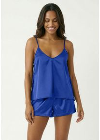 Shorty Lascana, Damen, Gr. 40, blau, Satin, Obermaterial: 96% Polyester, 4% Elasthan, figurumspielend h&uuml;ftlang, tiefer V-Ausschnitt, Homewear-Sets Shorty, mit offener R&uuml;ckenpartie