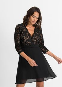 Midikleid bonprix, Damen, Gr. 32/34 (XS), N-Gr, schwarz (schwarz, natur), Obermaterial: 100% Polyester. Futter: 100% Polyester. Spitze: 95% Polyester, 5% Elasthan, festlich, eng, Kleider Midikleid, festlicher Stil, aus Polyester, mit Spitze und Elasthan-Anteil