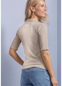 Poloshirt Street One, Damen, Gr. 44, clay sand meliert, Feinripp, Obermaterial: 48% Baumwolle, 47% Polyester, 5% Elasthan, unifarben, normal h&uuml;ftbedeckend, Rundhals, B&uuml;ndchen, Shirts Poloshirt, Sommershirt im Strick-Look mit Rippstruktur