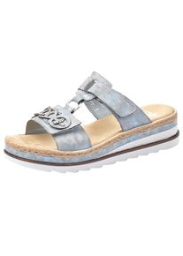 Pantolette Rieker, Damen, Gr. 42, Synthetik, blau (hellblau), Lederimitat, Schuhe Pantolette, Plateau, Sommerschuh, Schlappen mit Strass-Stein-Verzierung