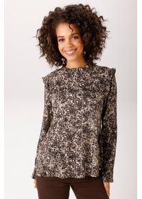 Schlupfbluse Aniston CASUAL, Damen, Gr. 48, braun (hellbeige, dunkelbraun, braun, taupe), Web, Obermaterial: 98% Viskose, 2% metallisierte Fasern, Glanzfaden, bedruckt, gebl&uuml;mt, figurumspielend h&uuml;ftlang, Rundhals, Volant, Blusen Schlupfbluse, mit Glanzf&auml;den im grafischen Blumendruck - NEUE KOLLEKTION