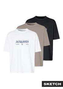 Jack & Jones Rundhalsshirt JACK & JONES "JORFREDERIKSBERG BRANDING TEE 3PK MP", Herren, Gr. L, schwarz pack:schwarz, hellwei&szlig;, feather gray, Jersey, Obermaterial: 100% Baumwolle, bedruckt, regular fit normal, Rundhals, Shirts Rundhalsshirt, Baumwolle, regular fit