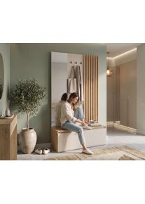 Garderobenpaneel Home Affaire "LANDUVA Garderobe mit Schuhschrank, Spiegel und Haken, Breite 120 cm", beige (eiche artisa, wei&szlig;), B:120cm H:202cm T:34cm, Holzwerkstoff, Garderobenpaneele, Garderobenpaneel, Garderoben-Set, Kompaktgarderobe, mit Sitzbank, Lamellen Design