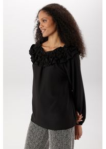 R&uuml;schenbluse Aniston SELECTED, Damen, Gr. 44, schwarz, Web, Obermaterial: 100% Polyester, unifarben, l&auml;ssig geschnitten h&uuml;ftlang, Rundhals, elastischer Bund mit Gummizug, Blusen R&uuml;schenbluse, R&uuml;schenbesatz am gro&szlig;en Rundhalsausschnitt - NEUE KOLLEKTION