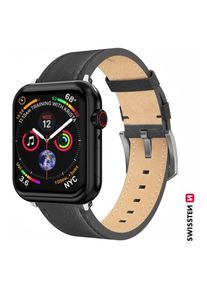 Swissten Leather Band for Apple Watch 42/44/45/49 mm Black (Silver Buckle and Silver Lug) (Leder), Uhrenarmband, Schwarz