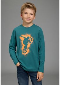 Langarmshirt Kidsworld "BIKER Druck", Jungen, Gr. 152/158, blau (gr&uuml;n), Jersey, Obermaterial: 100% Baumwolle, bedruckt, Basic h&uuml;ftlang, Rundhals, Shirts Langarmshirt, l&auml;ssiger Druck f&uuml;r Jungen