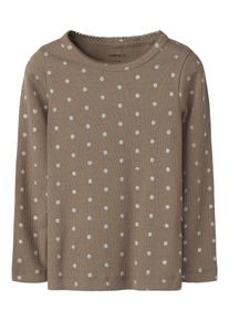 Langarmshirt name it "NMFLONA LS XSL TOP", M&auml;dchen, Gr. 122/128, taupe gray, Jersey, Obermaterial: 57% Baumwolle, 38% Modal, 5% Elasthan, bedruckt, slim fit normal, Rundhals, Shirts Langarmshirt, Baumwollmischung, slim fit