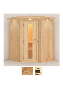 Sauna Karibu "Larin", beige (naturbelassen), ohne Ofen, (ohne Ofen), Saunen, Sauna, ohne Ofen