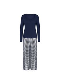 Schlafanzug Triumph "Elevated Sets PK LSL 01", Damen, Gr. 44, blau (blau, schwarz combination), Jersey, Obermaterial: 100% Baumwolle, lang, tiefer V-Ausschnitt, Homewear-Sets Schlafanzug