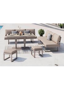 Ambia Garden Dining-Loungeset, Hellgrau, Beige, Metall, Glas, Textil, 5-teilig, F&uuml;llung: Polyester,Schaumstoff, Gartenm&ouml;bel, Gartengarnituren, Gartenm&ouml;bel-Sets