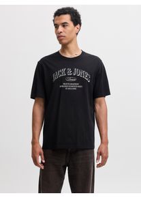 Jack & Jones T-Shirt JACK & JONES "JJEDENVER LOGO TEE SS O-NECK SN", Herren, Gr. L, schwarz, Jersey, Obermaterial: 100% Baumwolle, bedruckt, relaxed fit normal, Rundhals, Shirts T-Shirt, Baumwolle, relaxed fit