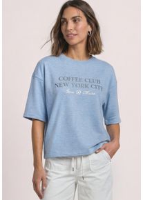 Sweater Street One, Damen, Gr. 34, northern blau meliert, Sweatware, Obermaterial: 65% Baumwolle, 35% Polyester, bedruckt, h&uuml;ftbedeckend, Rundhals, abgesteppte Kante, Sweatshirts Sweater, Kurzarm-Sweater mit Wording