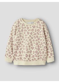 Sweatshirt name it "NMFDAVINA LS SWEAT FLEECE BRU NOOS", M&auml;dchen, Gr. 86, beige (summer sand aop:leo), Sweatware, Obermaterial: 66% Polyester, 30% Baumwolle, 4% Elasthan, bedruckt, normal normal, Rundhals, Rippb&uuml;ndchen, Sweatshirts Sweatshirt, in klassischer Form und mit tollem Alloverprint