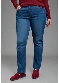 Gerade Jeans LAURA SCOTT CURVE "Gro&szlig;e Gr&ouml;&szlig;en", Damen, Gr. 42, N-Gr, blau (dunkelblau used), Denim/Jeans, Obermaterial: 79% Baumwolle, 19% Polyester, 2% Elasthan, unifarben, Basic, straight fit lang, Jeans Gerade Jeans, Straight-Fit, gerader Beinverlauf, hohe Leibh&ouml;he