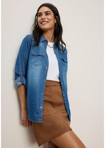 Jeansbluse Tamaris "mit praktischen Details, hohem Tragekomfort", Damen, Gr. 44, blau (blau used), Denim/Jeans, Obermaterial: 100% Baumwolle, unifarben, regular fit h&uuml;ftbedeckend, Krempel&auml;rmel,mit Riegel,&Auml;rmel mit &Auml;rmelschlitz Manschette, Blusen Jeansbluse, mit Hemdblusenkragen, Regular Fit, unifarben