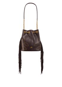 Beuteltasche Marc Cain "Collections", Damen, Gr. B/H/T: 25cm x 26cm x 16cm, braun (dunkelbraun), Leder, kontrastfarbene Details, Taschen Beuteltasche, Damen Umh&auml;ngetasche, Fransentasche, Western Bag mit Nieten verziert