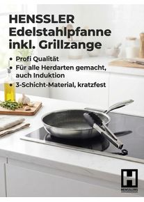 Bratpfanne HENSSLERS "Premium, inklusive Grillzange", silberfarben, B:29,5cm H:5,3cm L:50cm &Oslash;:28cm, Pfannen, Bratpfanne