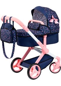 Kombi-Puppenwagen BAYER "Xeo", blau mit rosa bl&uuml;mchenmuster, Puppenwagen, KinderB:37cm H:73cm T:68cm, Kunststoff, Metall, Stoff, Kombi-Puppenwagen, B:37cm H:73cm T:68cm