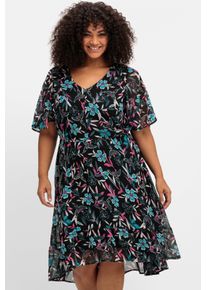 sheego by Joe Browns Damen Chiffonkleid mit Blumendruck und Fl&uuml;gel&auml;rmeln in schwarz-gemustert ,Gr&ouml;&szlig;e 50, Witt, 100% Polyester
