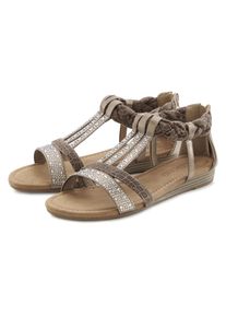 Sandale Lascana "Sommerschuh, Sandalette", Damen, Gr. 37, Lederimitat, grau (taupe), Obermaterial: 100% Lederimitat. Decksohle: 100% Lederimitat. Futter: 100% Lederimitat. Laufsohle: 100% Lederimitat, Glitzer, unifarben, Basic, Schuhe Sandale, mit Glitzersteinen und kleinem Keilabsatz im Festival-Look VEGAN